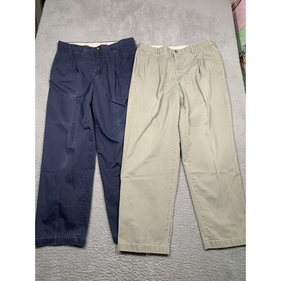 2 Pairs VTG LL Bean Double L Natural‎ Fit Khaki Blue Pants Pleated Size 37x32 - Picture 1 of 12